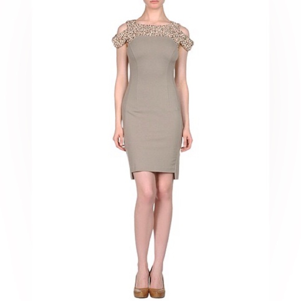 Cold shoulder dress with faux Pearls and rhinestones.